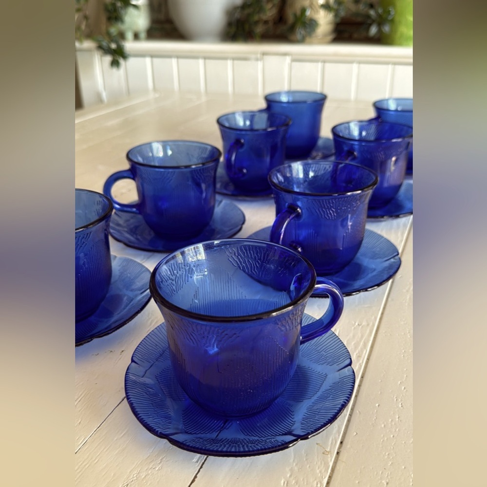 🎀Vintage Forte Crisa Fortecrisa Mexico Sunflower Cobalt Blue Cups - saucers (16)